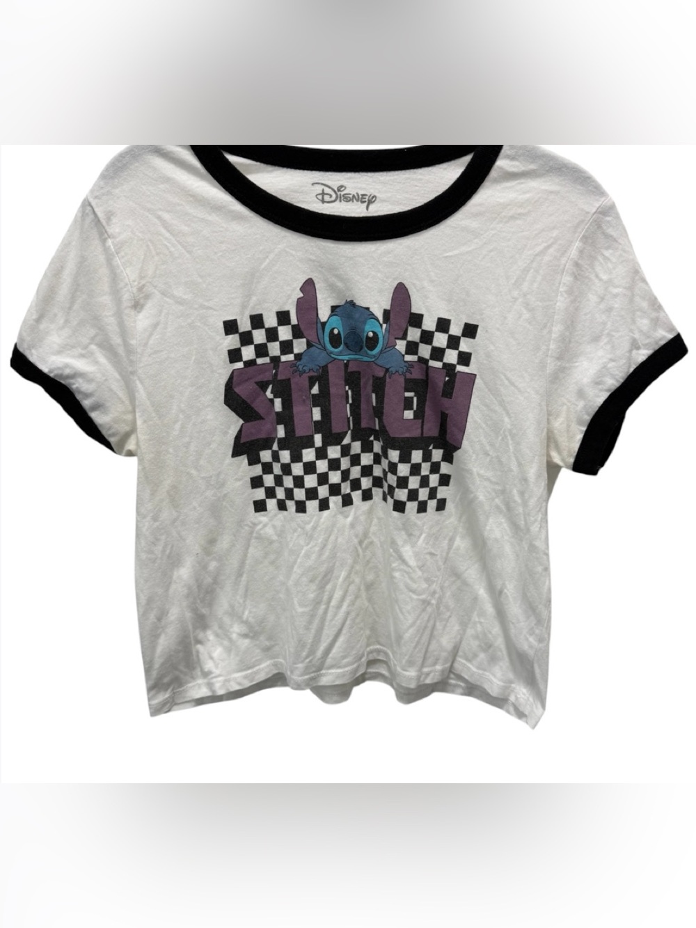 Disney Stitch t-shirt is a white, cropped ringer tee featuring a character sz(L